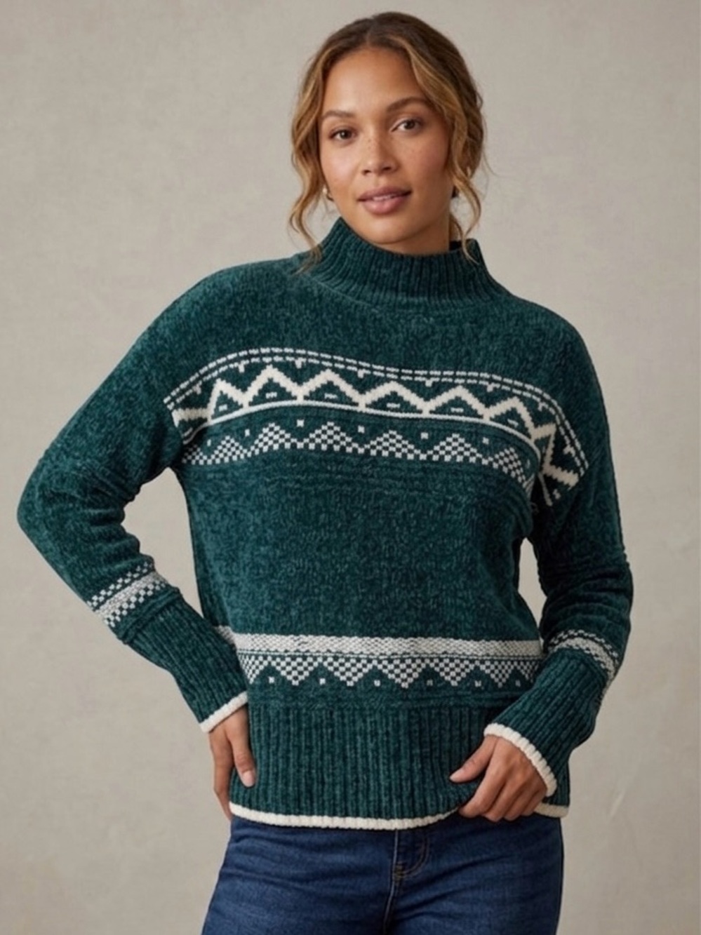 Christian Siriano Forest Green Chenille Fair Isle Sweat - Mock Neck - Medium